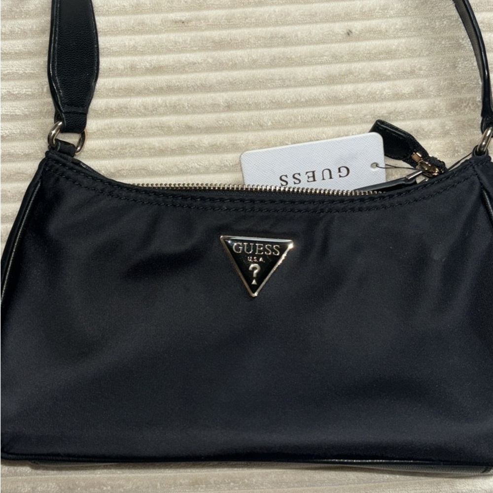 GUESS Black Nylon Shoulder Bag with Gold Triangle Logo
